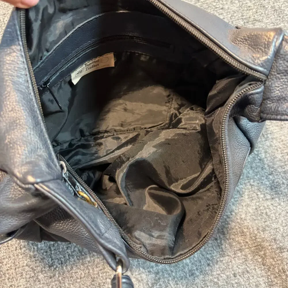 Vintage Black Pebbled Leather Hobo Shoulder Bag Purse Handbag Pocket Mexico